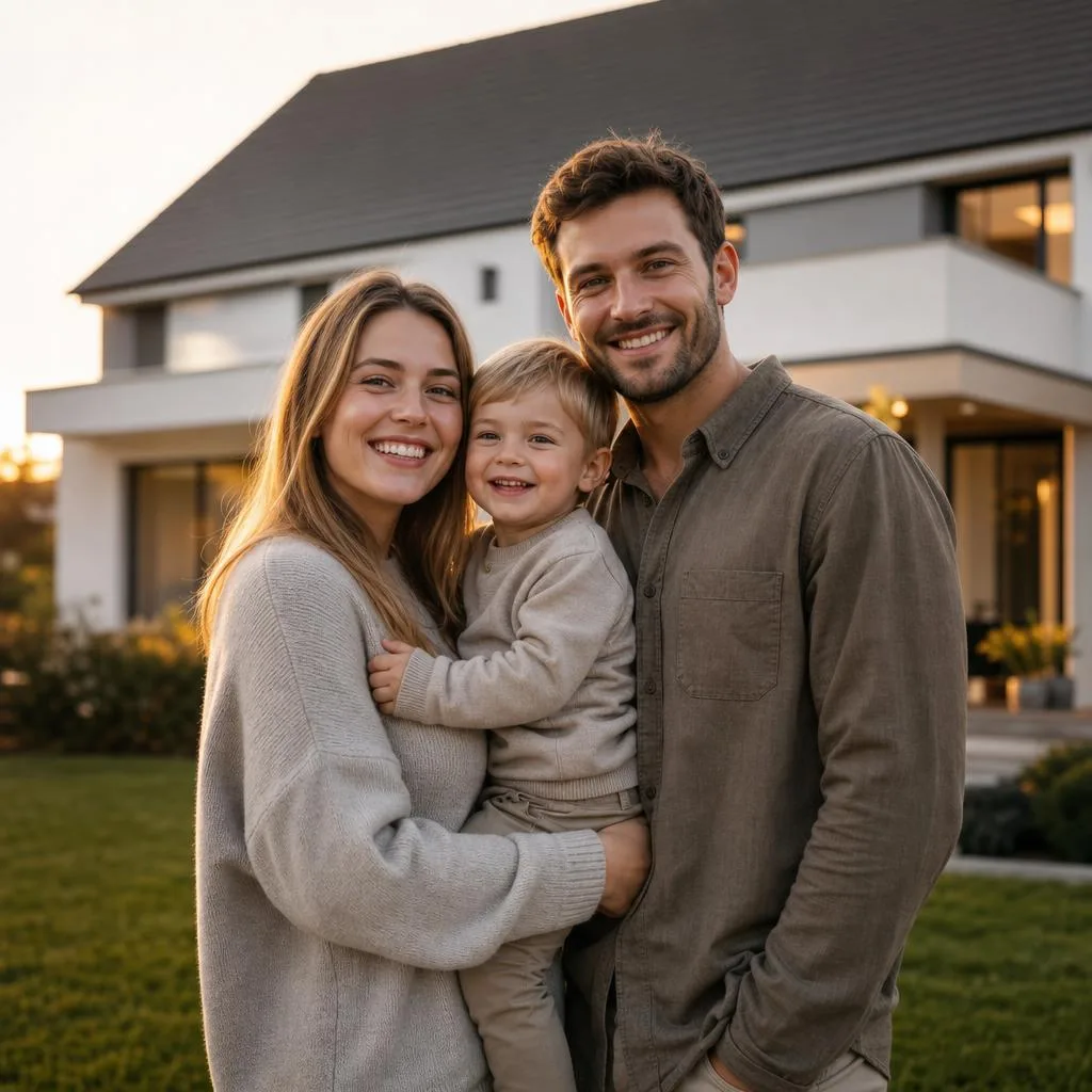 Baufinanzierung für das eigene Zuhause – Familie vor ihrem Eigenheim